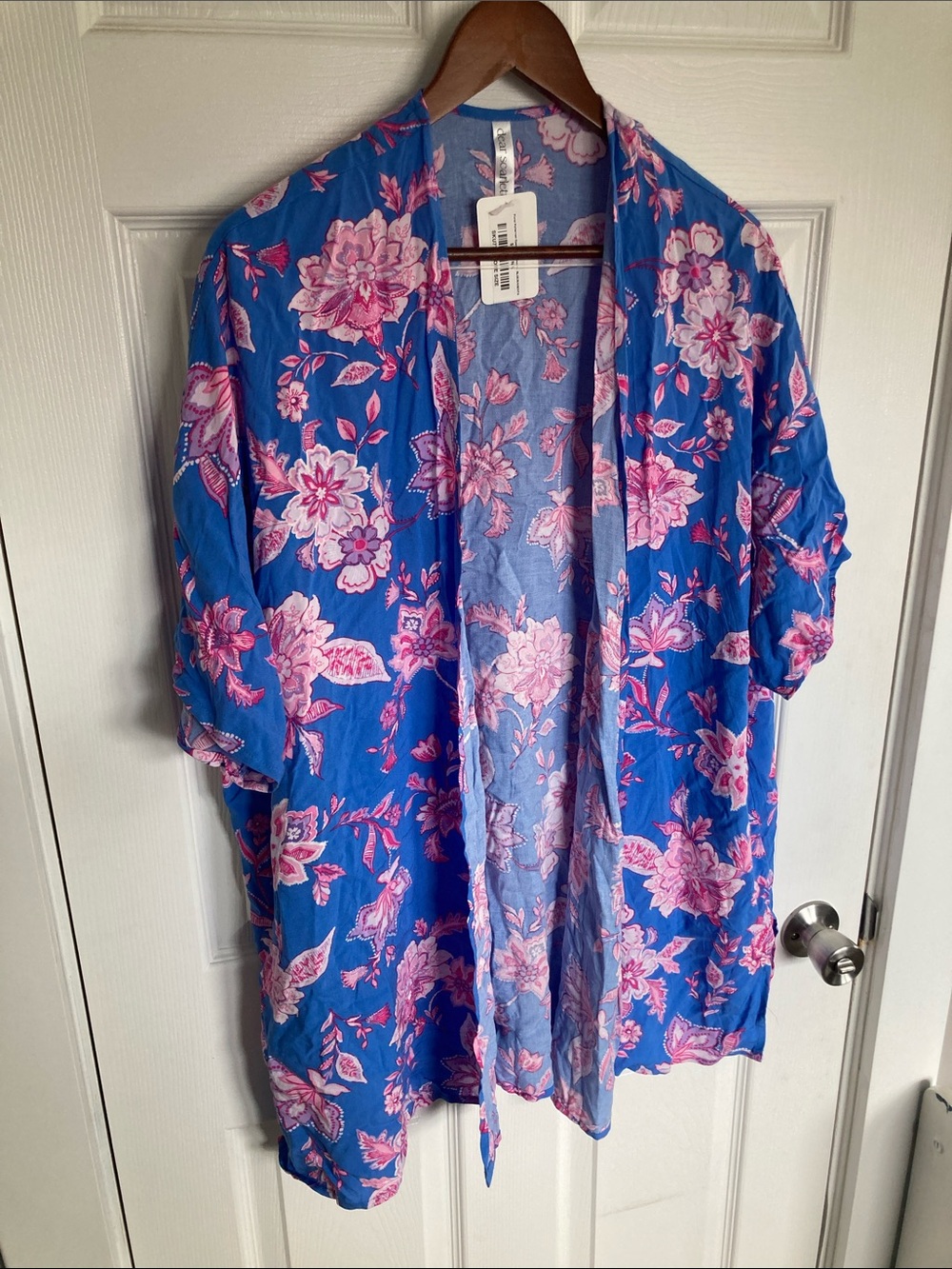 Blue Floral Open-Front Kimono Tunic with Pink Bloom Print